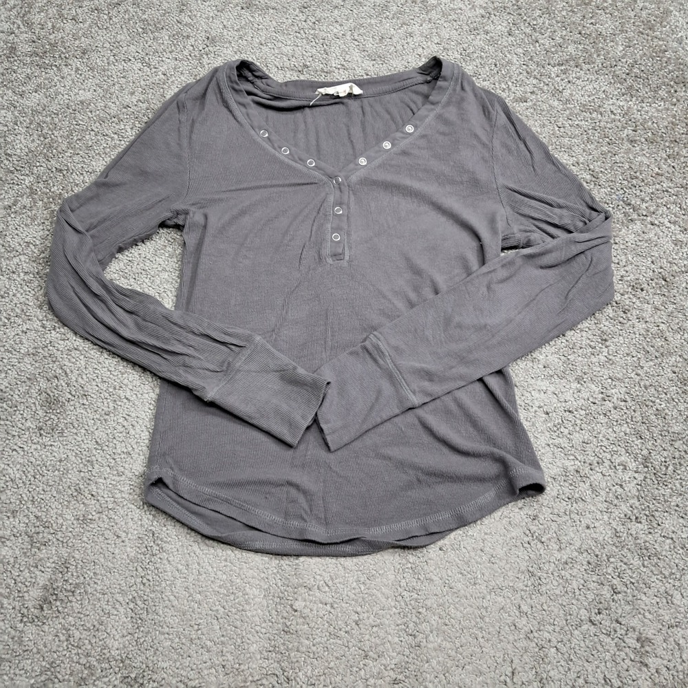 Pink Rose Womens Henley Ribbed Long Sleeve Top Gray Snap Button PF4K23461 Size M